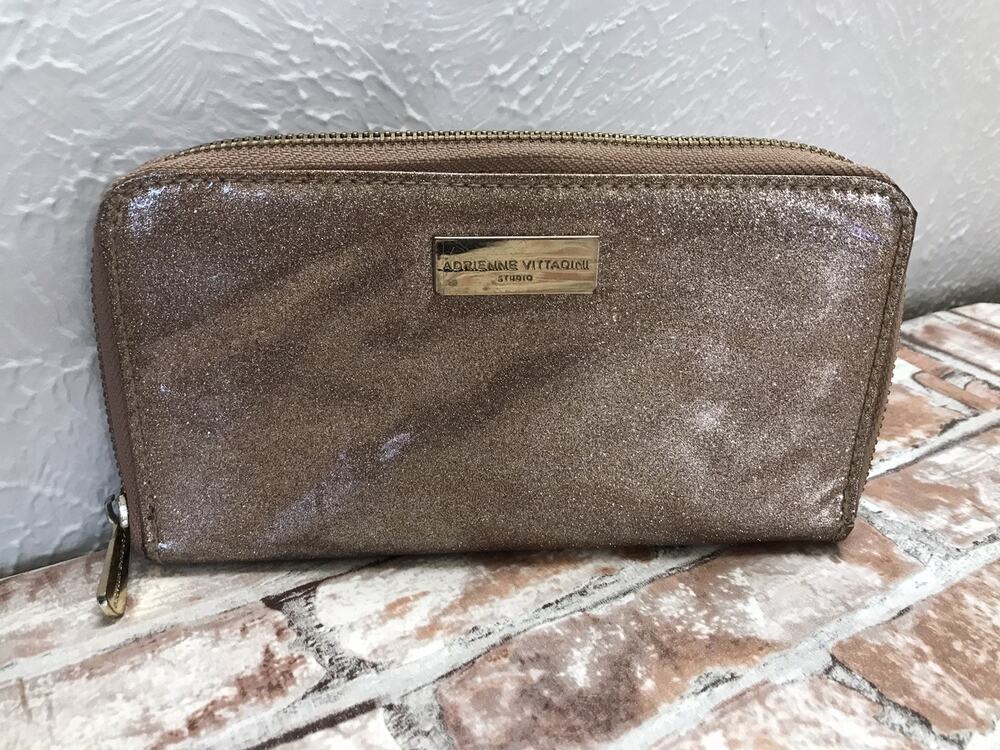 Adrienne Vittadini Shimmer Glitter Gold Wallet Clutch Zip Around Purple 4"x8"